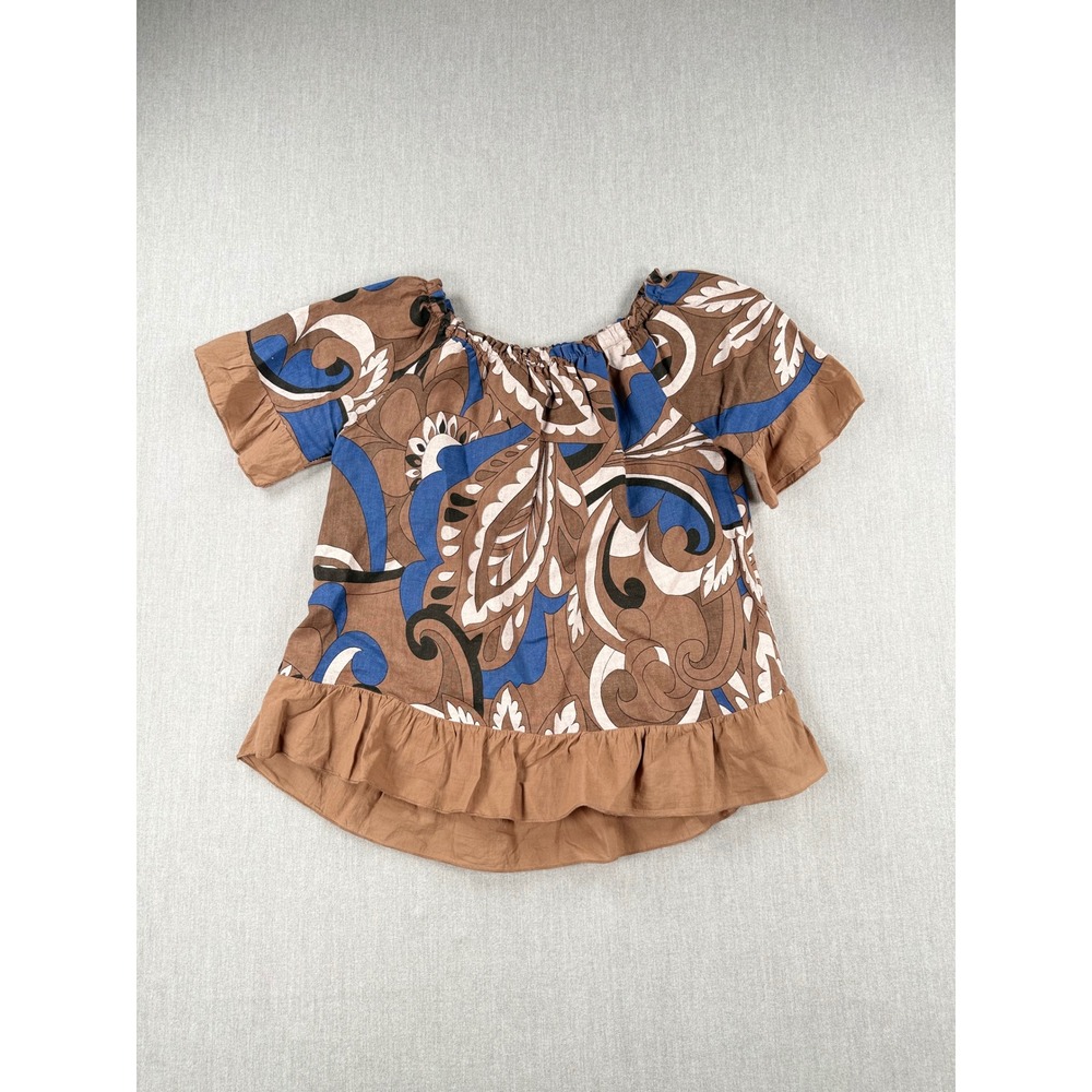 Terzo Millennio Italy Linen Paisley Off Shoulder Ruffle Top Brown Blue Small
